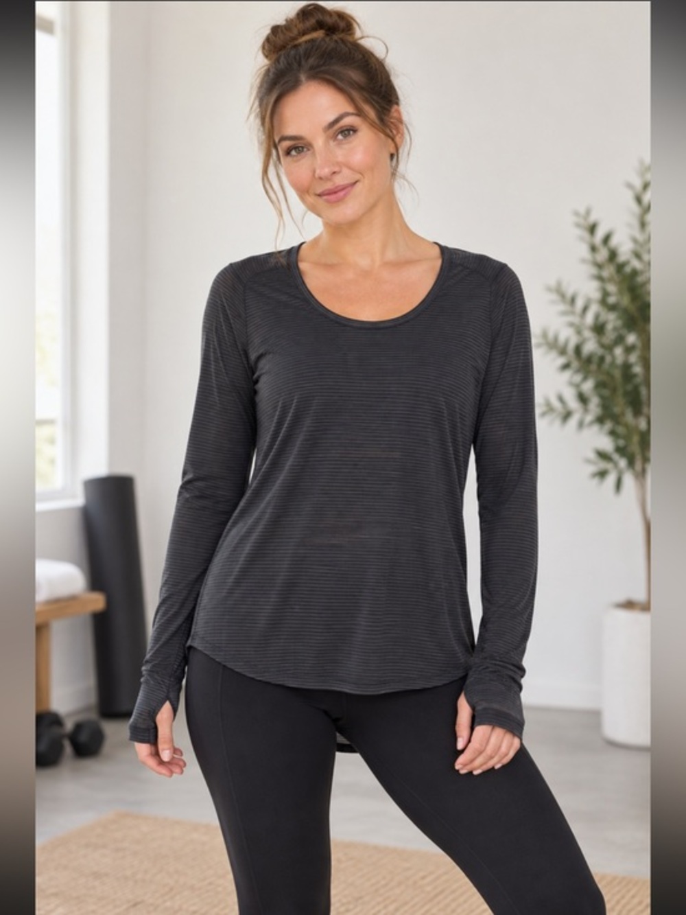 Athleta Black Gray Striped Long Sleeve Workout Top Size M
